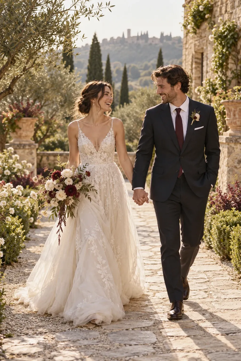 A newly married couple walking through a garden, laughing