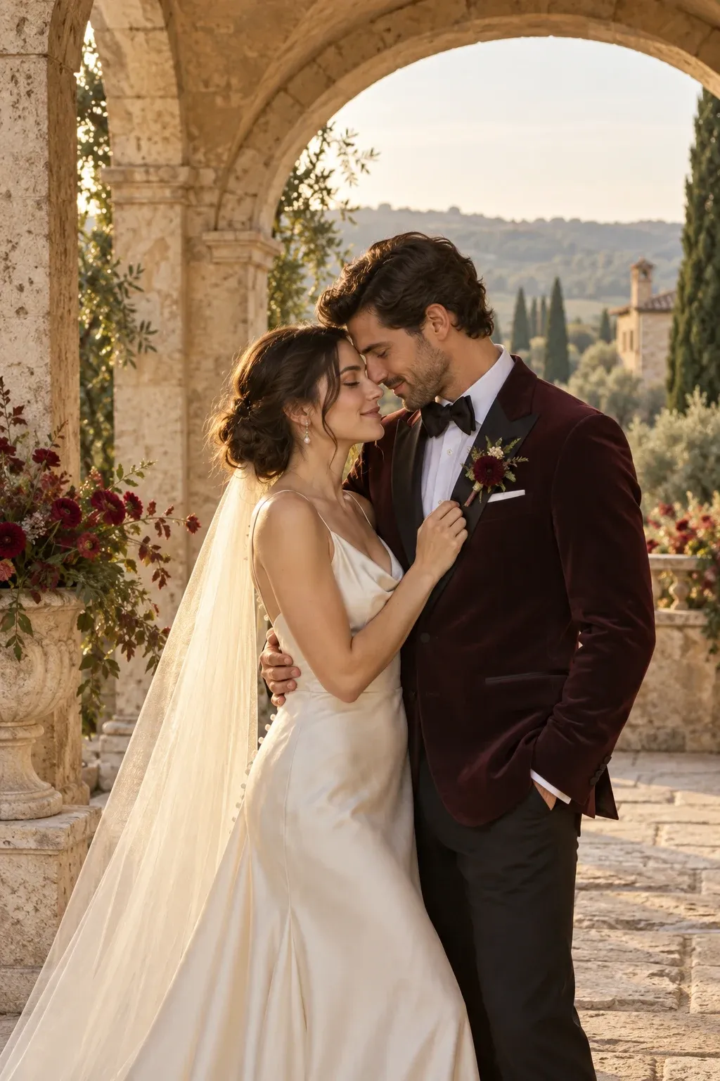 Bride and groom embracing beneath a bright stone arch