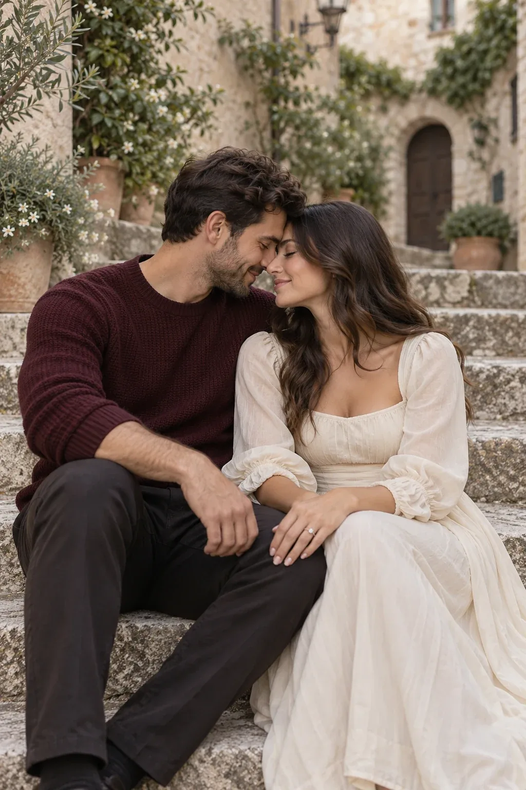 Engaged couple sitting close on pale stone steps