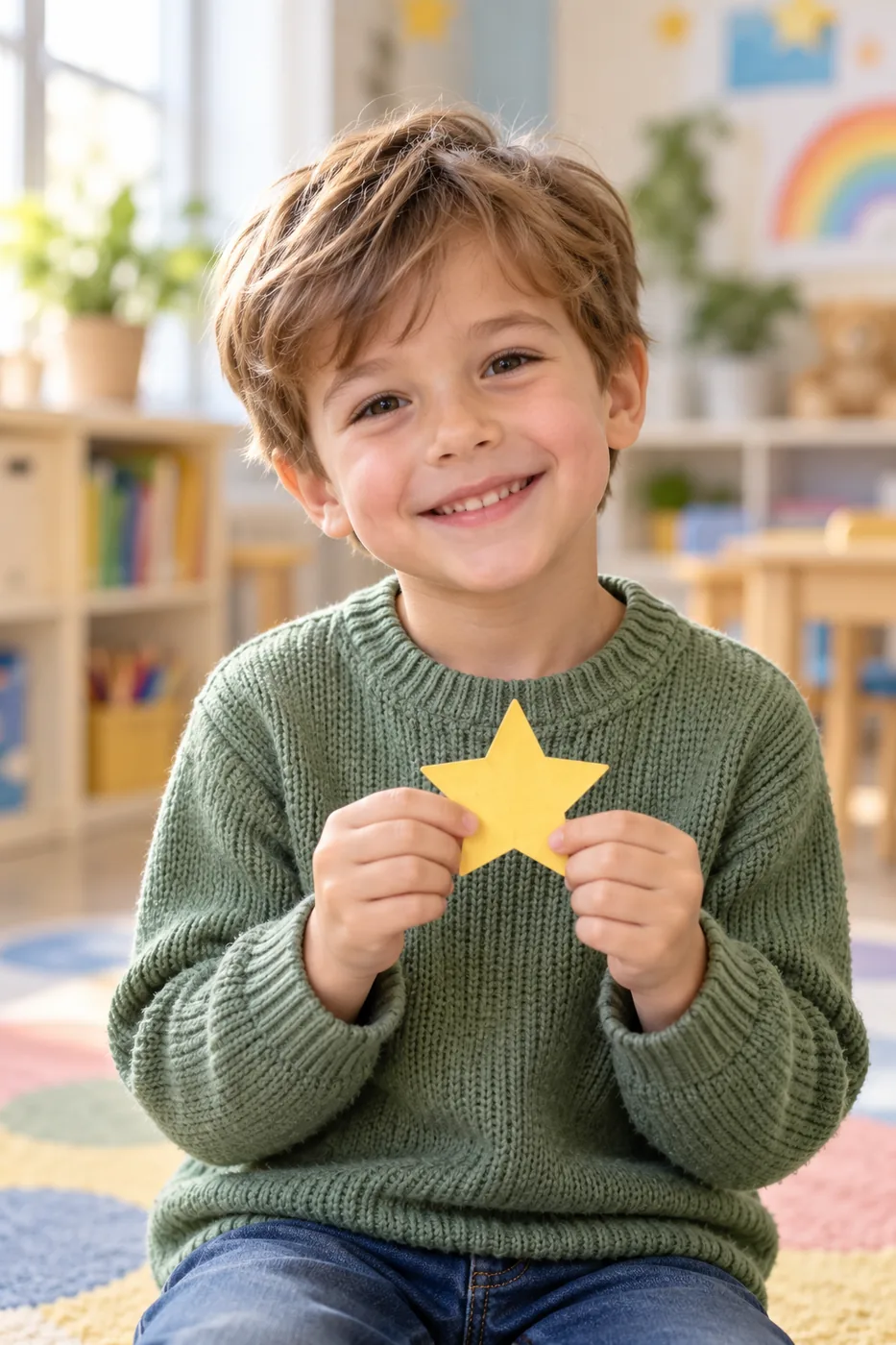 A smiling nursery child holding a yellow paper star