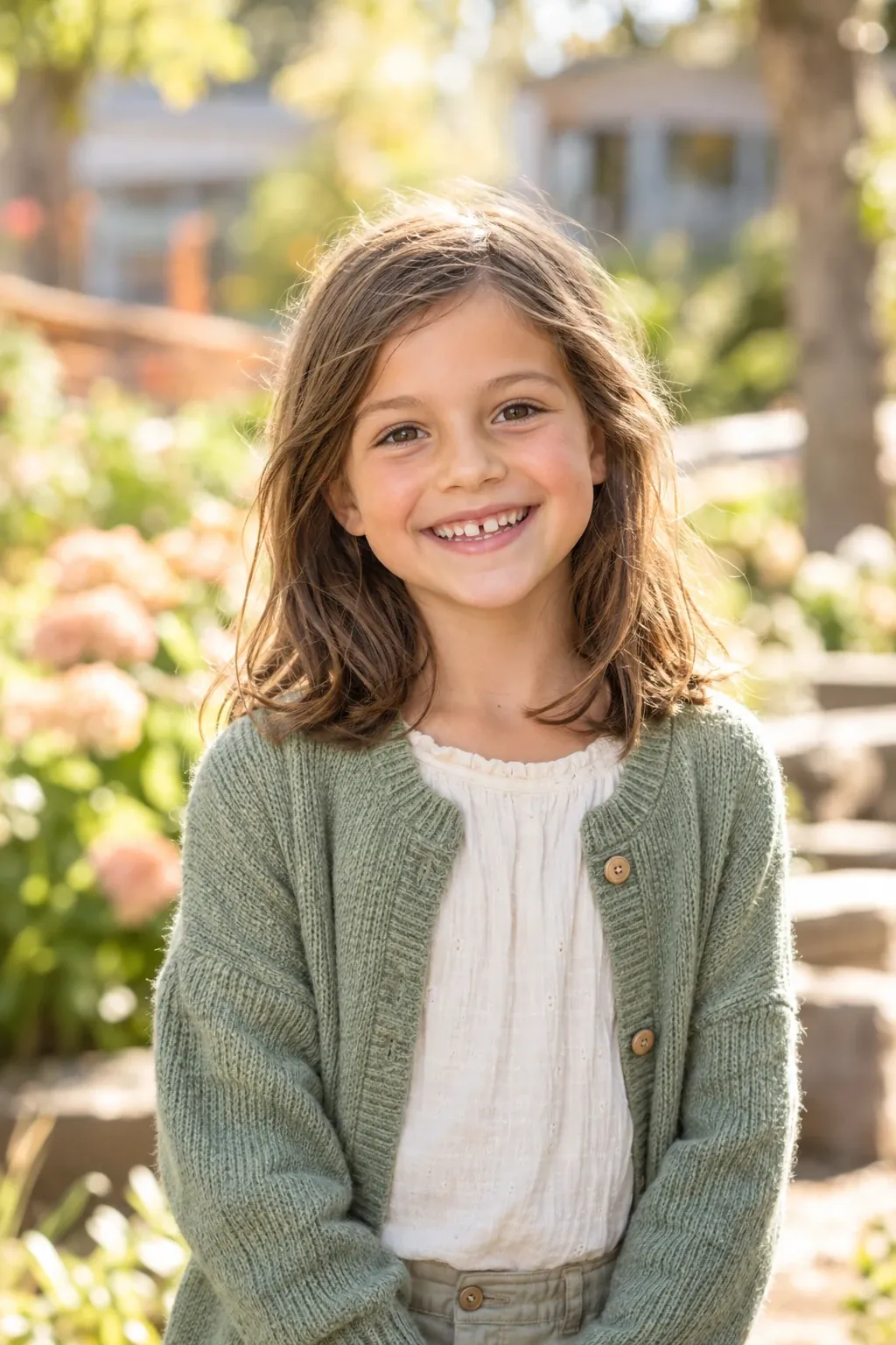 Natural school portrait of a smiling girl in the garden