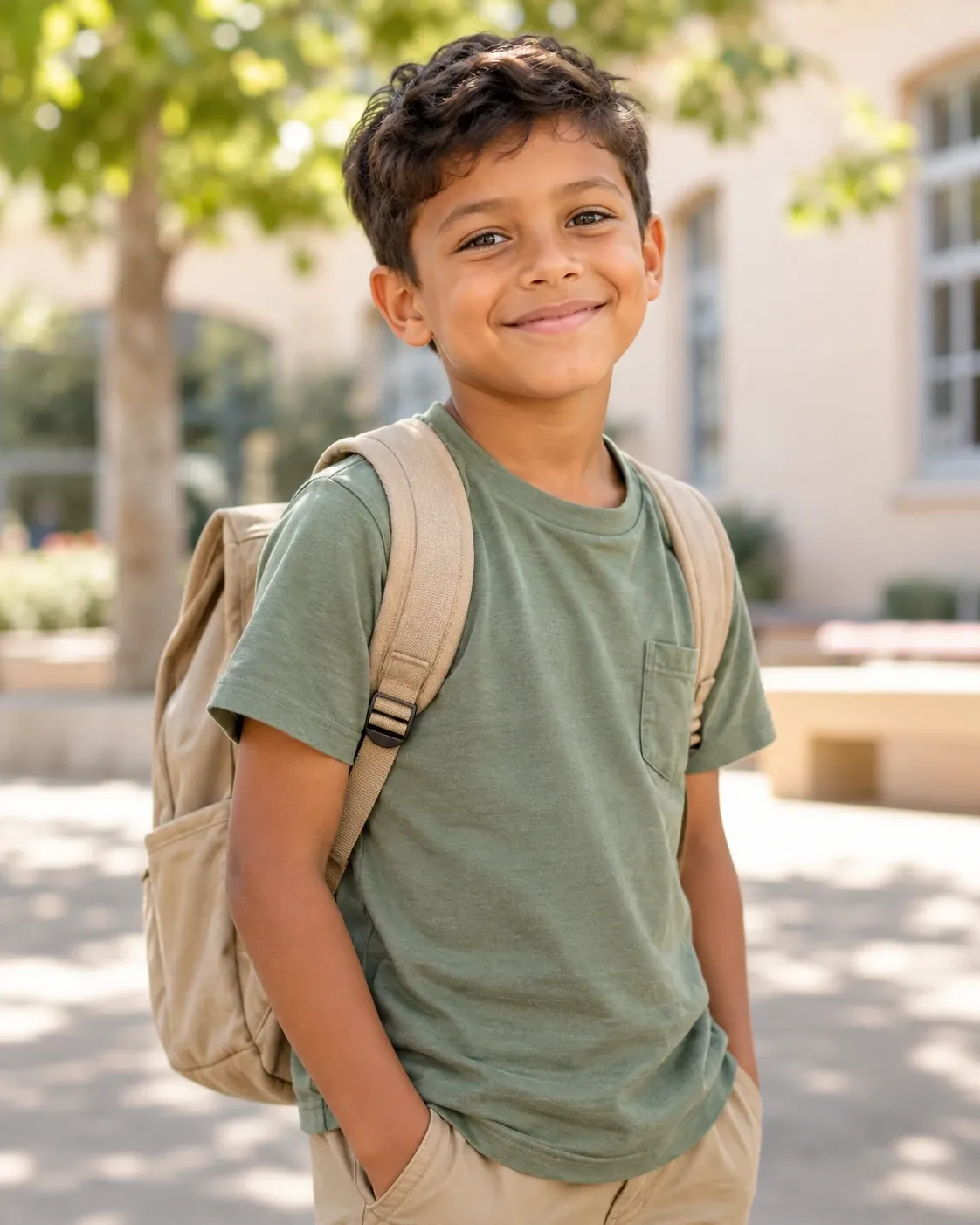 School child with a backpack in the sunny schoolyard