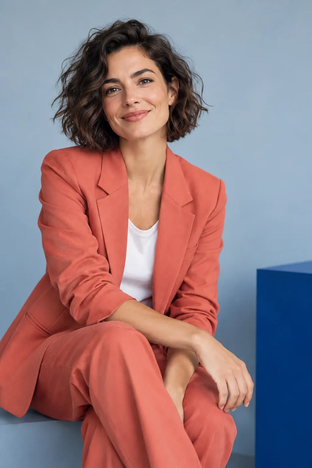 Natural studio portrait of a woman in a coral blazer