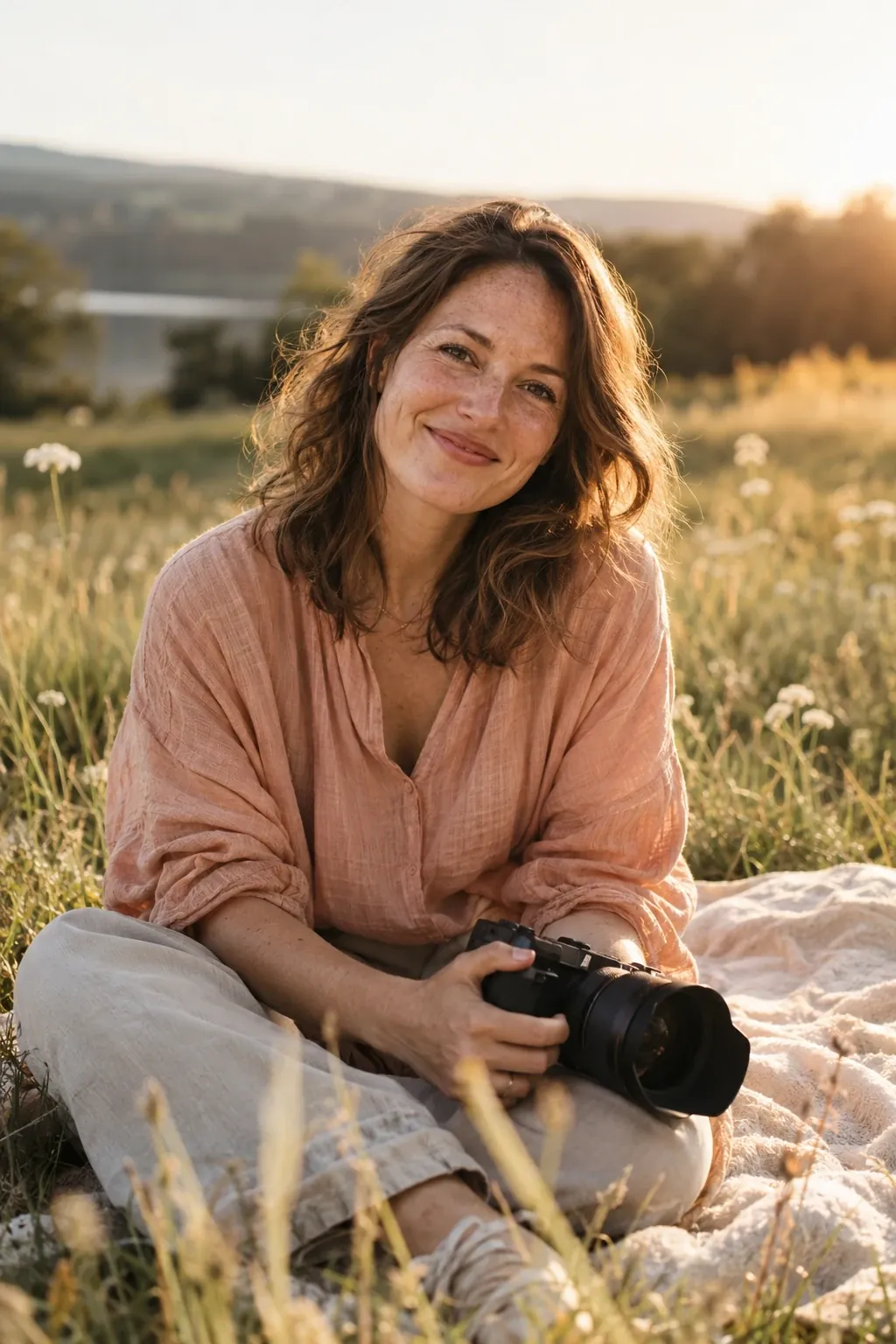 Photographer with a camera in a summer meadow