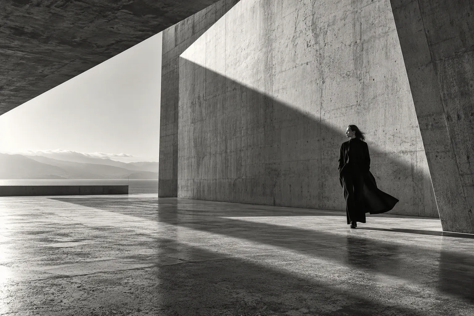 Woman between monumental facades in light and shadow
