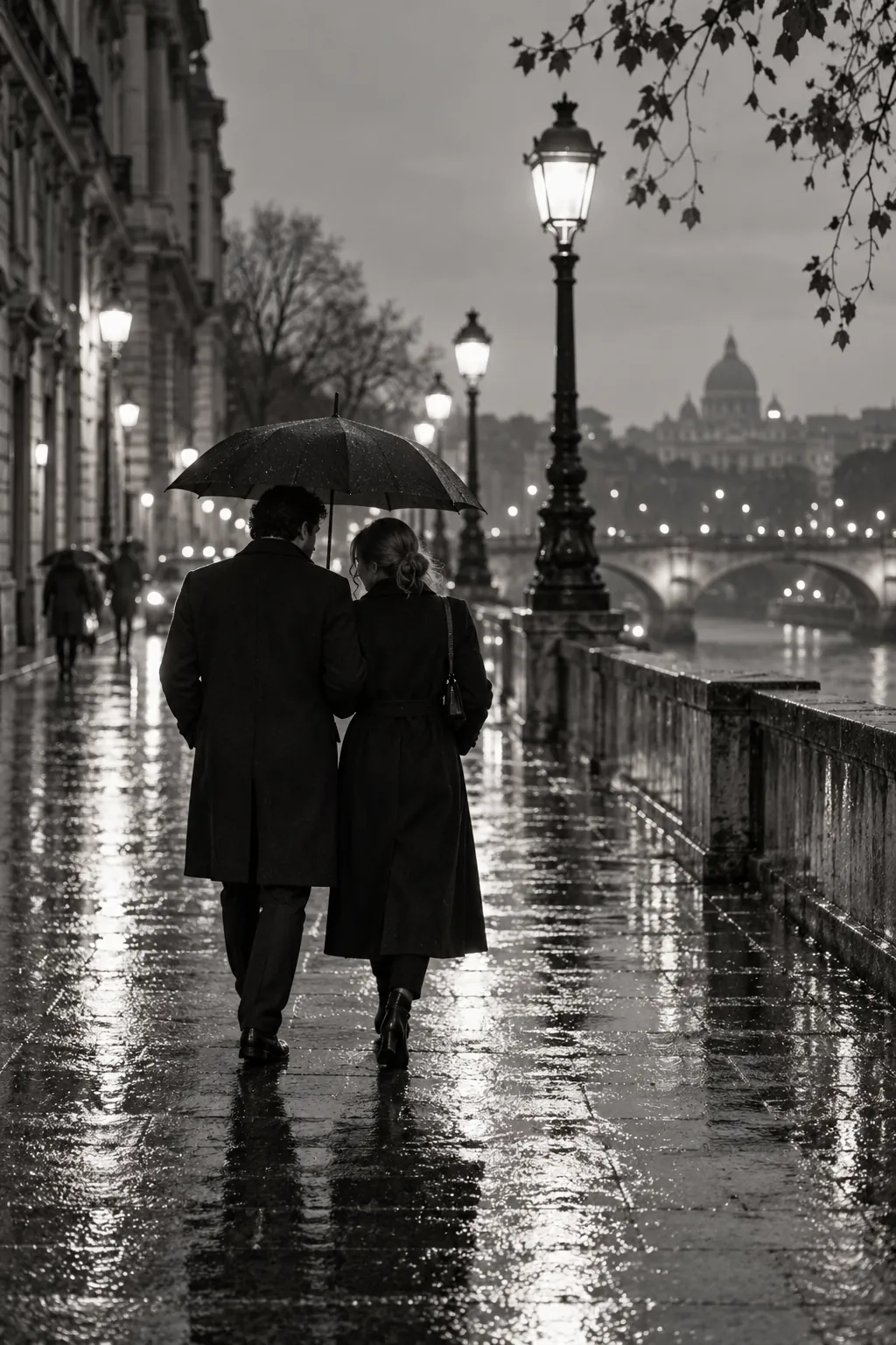 A couple walking along a reflective city street at dusk