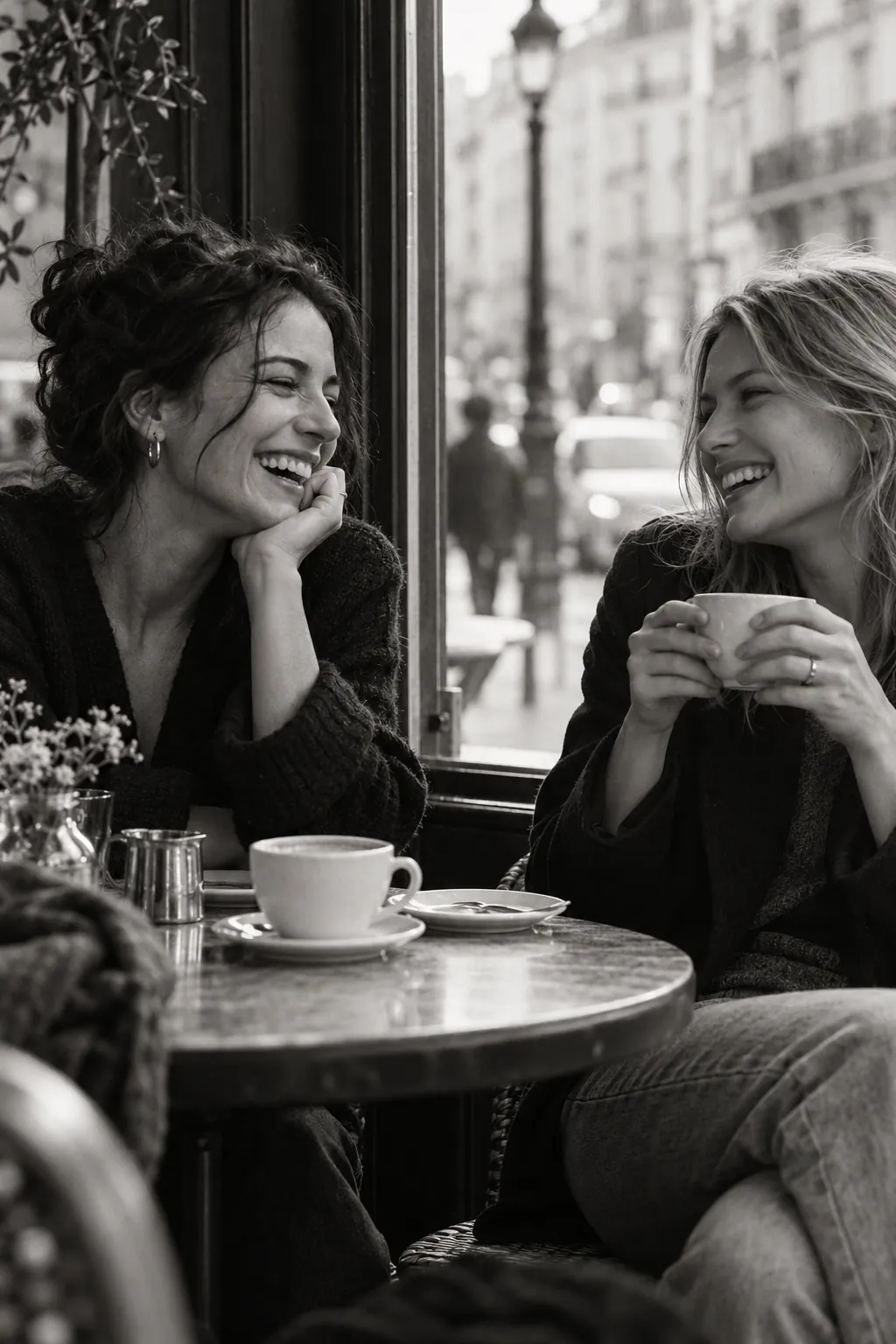 Two friends sharing a candid laugh at a cafe table